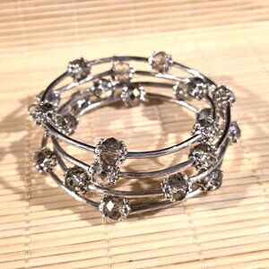 Silver Tone Crystal Wrap Bracelet With Gray Smoke Faceted Beads Filigree Details